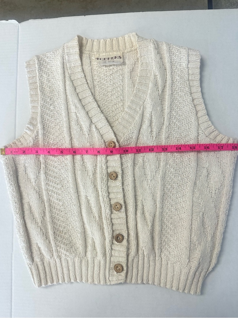 Vintage Toppers USA 100% Cotton Cable Knit Cardigan Sweater Vest Cream Ivory - Picture 10 of 11